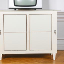 This farmhouse TV stand offers both style and functionality with its distressed finish and multiple storage compartments.