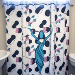 This bathroom adds a touch of femininity with a printed shower curtain and matching bath mat featuring female form.