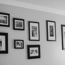 This gallery wall of black and white photographs adds a touch of elegance to the room and creates a focal point on the high walls.