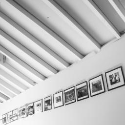 Create a timeless and elegant look with a gallery wall of black and white photographs on your vaulted ceiling wall