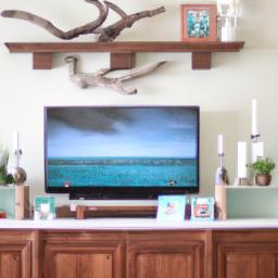 A beachy and serene mantel with a TV that blends in seamlessly.
