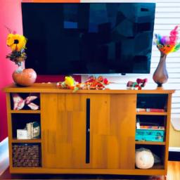 A TV stand decoration with vibrant and colorful items