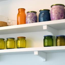 Brighten up your kitchen shelves with colorful painted jars and vases.