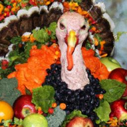 This festive turkey is decorated with a variety of colorful fruits and vegetables, making it both beautiful and delicious.
