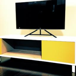 A TV stand with a bright and bold pop of color that adds personality to the room.