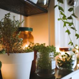 Transform your kitchen shelves into a cozy and inviting space with plants and candles.