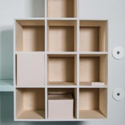 A creative cube shelf display featuring organized craft supplies or hobby items.