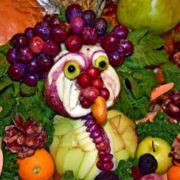 This turkey decoration is made entirely from fruits and vegetables, making it a healthy and delicious addition to your Thanksgiving table.