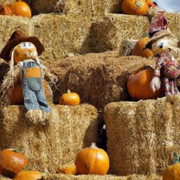 Get into the Halloween spirit with this spooky hay bale display featuring scarecrows and pumpkins.