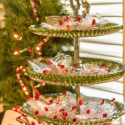 This tiered tray is a festive addition to any holiday decor setup.