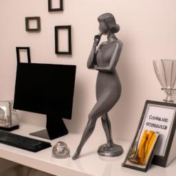 This home office makes a statement with a unique desk and female form desk accessories.