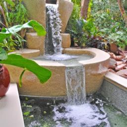 Add a touch of luxury to your hot tub decor with a built-in waterfall and tropical landscaping.