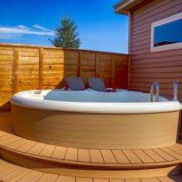 Create a comfortable outdoor space with a hot tub and cozy seating area on a wooden deck.