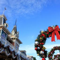 The cheerful decorations on Main Street at Disney World during the Christmas season.