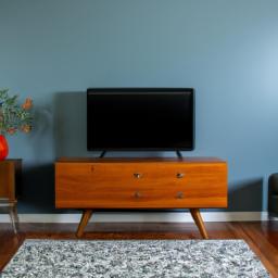 This mid-century modern living room features a TV console that complements the bold accent wall.