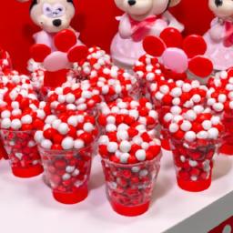 A Minnie Mouse candy display with red and white candies and Minnie Mouse cups.