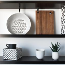Create a modern look for your kitchen shelves with geometric decor and clean lines.