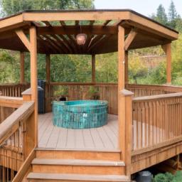 Create a cozy outdoor space with a rustic wooden gazebo and hot tub surrounded by nature.