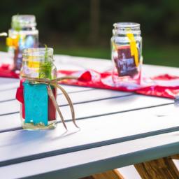 Create a charming picnic table decor with these easy-to-make mason jar centerpieces.