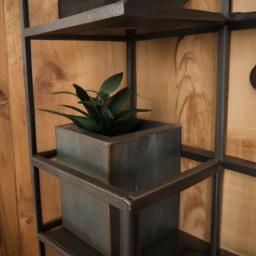 A rustic or industrial cube shelf display with wooden or metal accents for a unique look.