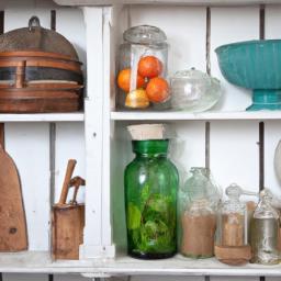 Add a vintage touch to your kitchen shelves with old kitchenware and rustic decor.