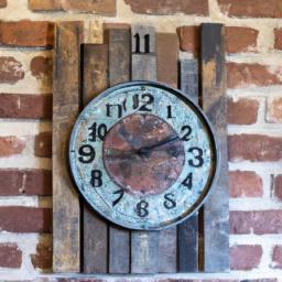 The rustic charm of a wall clock made of reclaimed wood and metal accents complements the industrial vibe of this brick wall living room