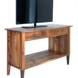 A vintage-inspired TV stand with a natural wood finish and rustic decor.