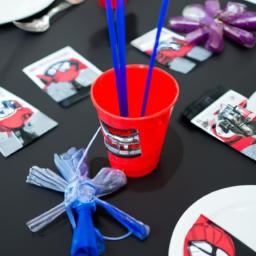 Spiderman-themed table centerpiece with fun party favors for the guests.