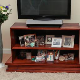 A TV stand decoration with personal memorabilia and family photos
