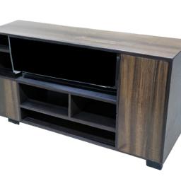 A TV stand with built-in storage for books, DVDs, and other media.