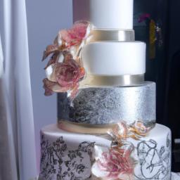 A modern wedding cake with a geometric texture and a metallic sheen.